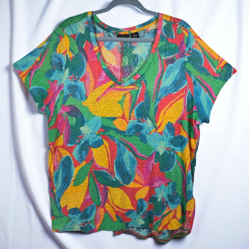 Tahari Womens Linen Top 2XL Multicolor Bright Floral Print V Neck Short‎ Sleeve